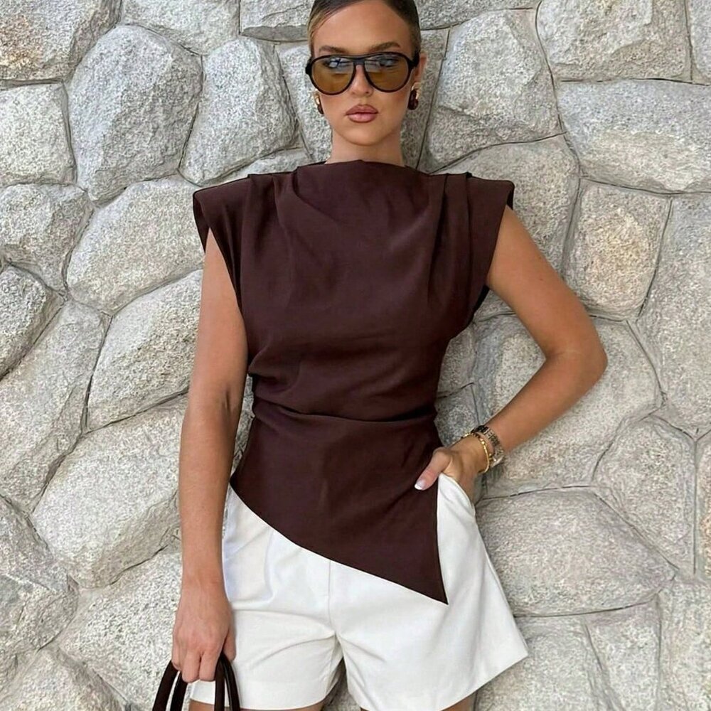 Chocolate Brown Elegant Womens Padded Shoulder Ruffle Asymmetric Zipper TOPO